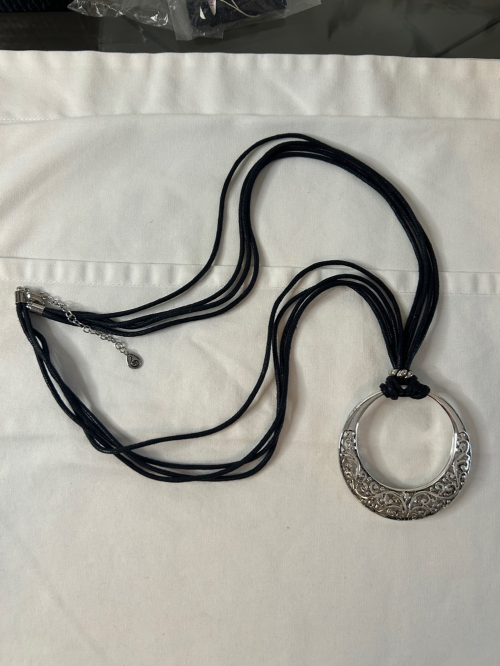 Silver Filigree Circle Pendant Necklace with Black Multi-Strand Cord